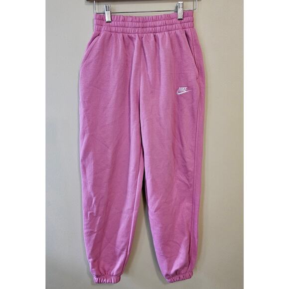 Girls' Nike Pink Fleece Joggers, Size Medium Sweatpants Logo Swoosh Baggy - Picture 1 of 7